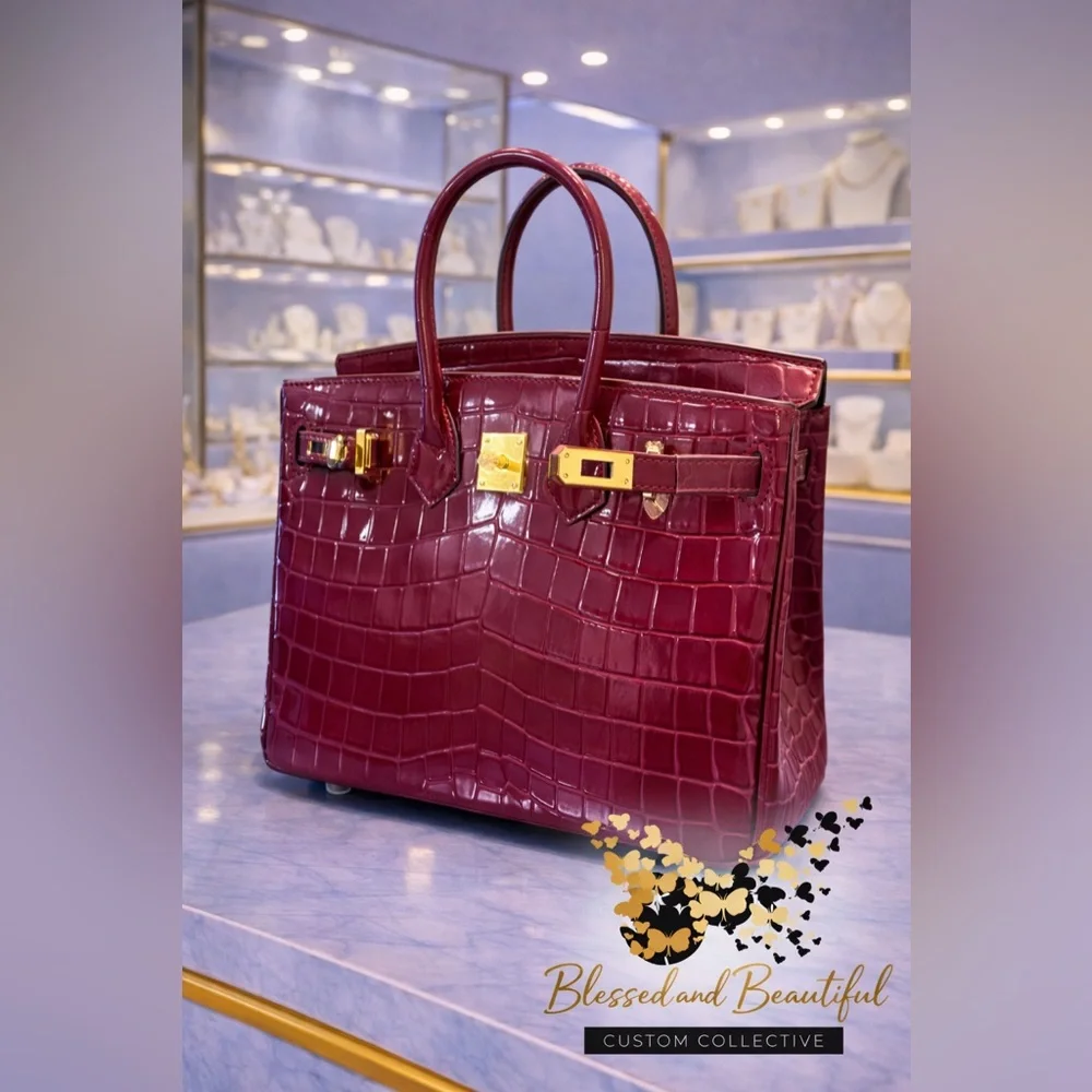 Croc-Embossed Satchel Bag in Deep Burgundy with Gold Hardware 25CM **New**